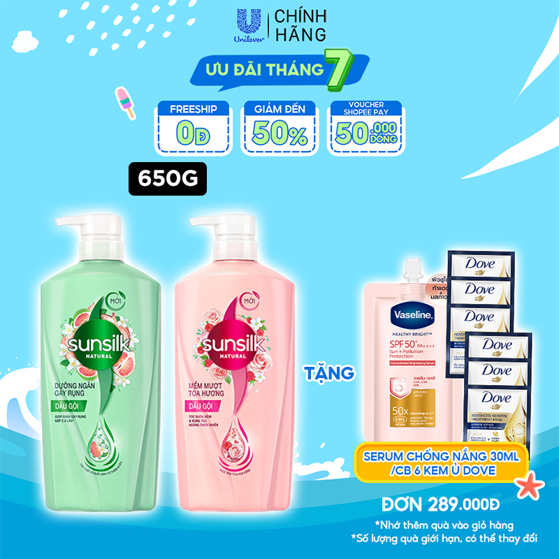 Dầu gội Sunsilk Natural 650g thành phần 100% thiên nhiên cho mái tóc tỏa hương sống động 48h và giảm gãy rụng gấp 2,5lần