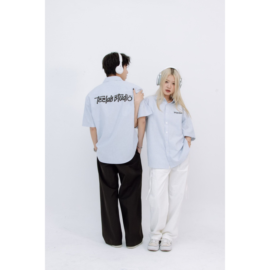 Ảnh Áo Sơ Mi Tay Ngắn Kẻ Sọc Teelab Graffiti Unisex Form Oversize Local Brand màu Xanh SS049 3
