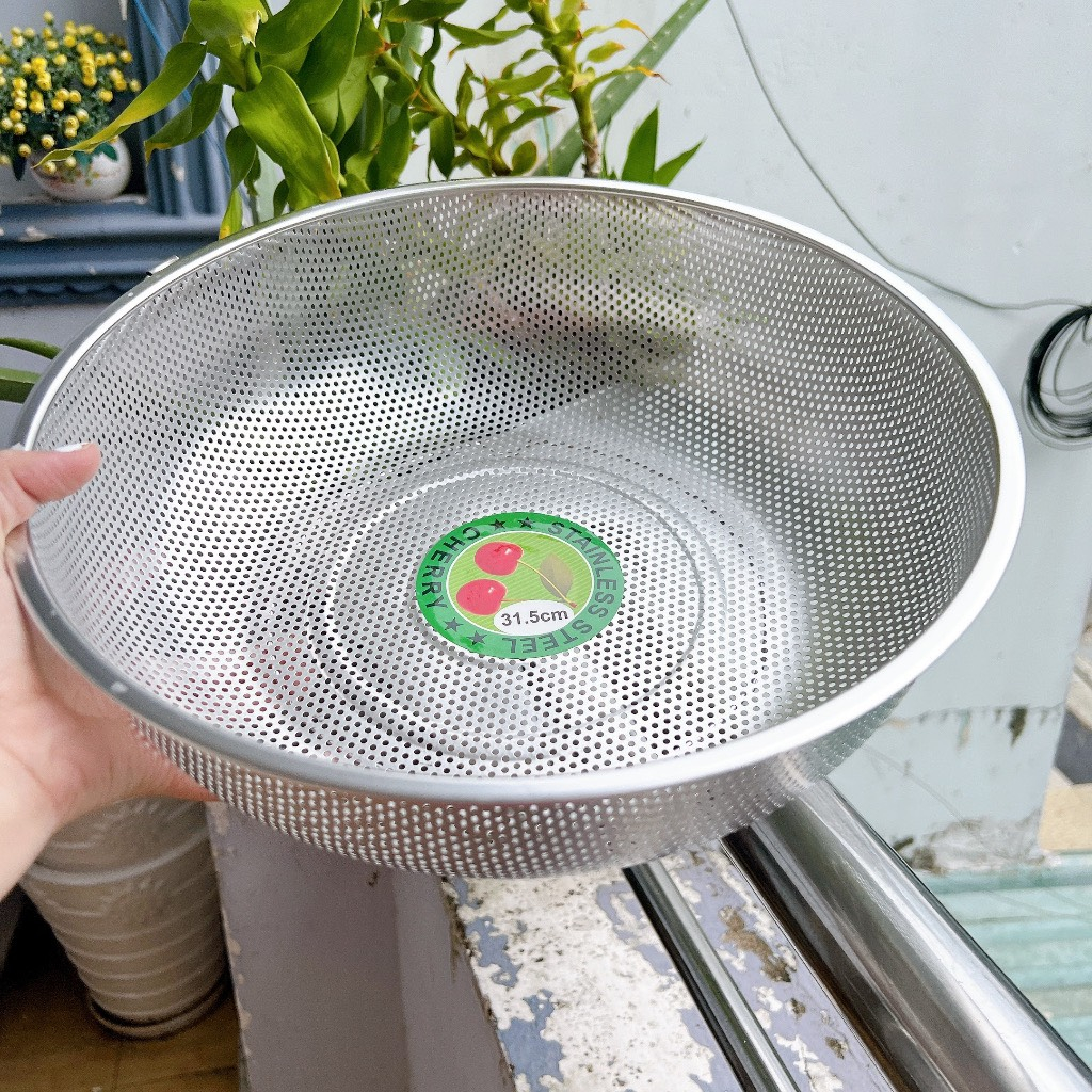 Rổ Inox CHERRY Tròn 1 QUAI, Rổ Inox 201 Không Gỉ Lỗ Lưới Dày Dùng Vo ...