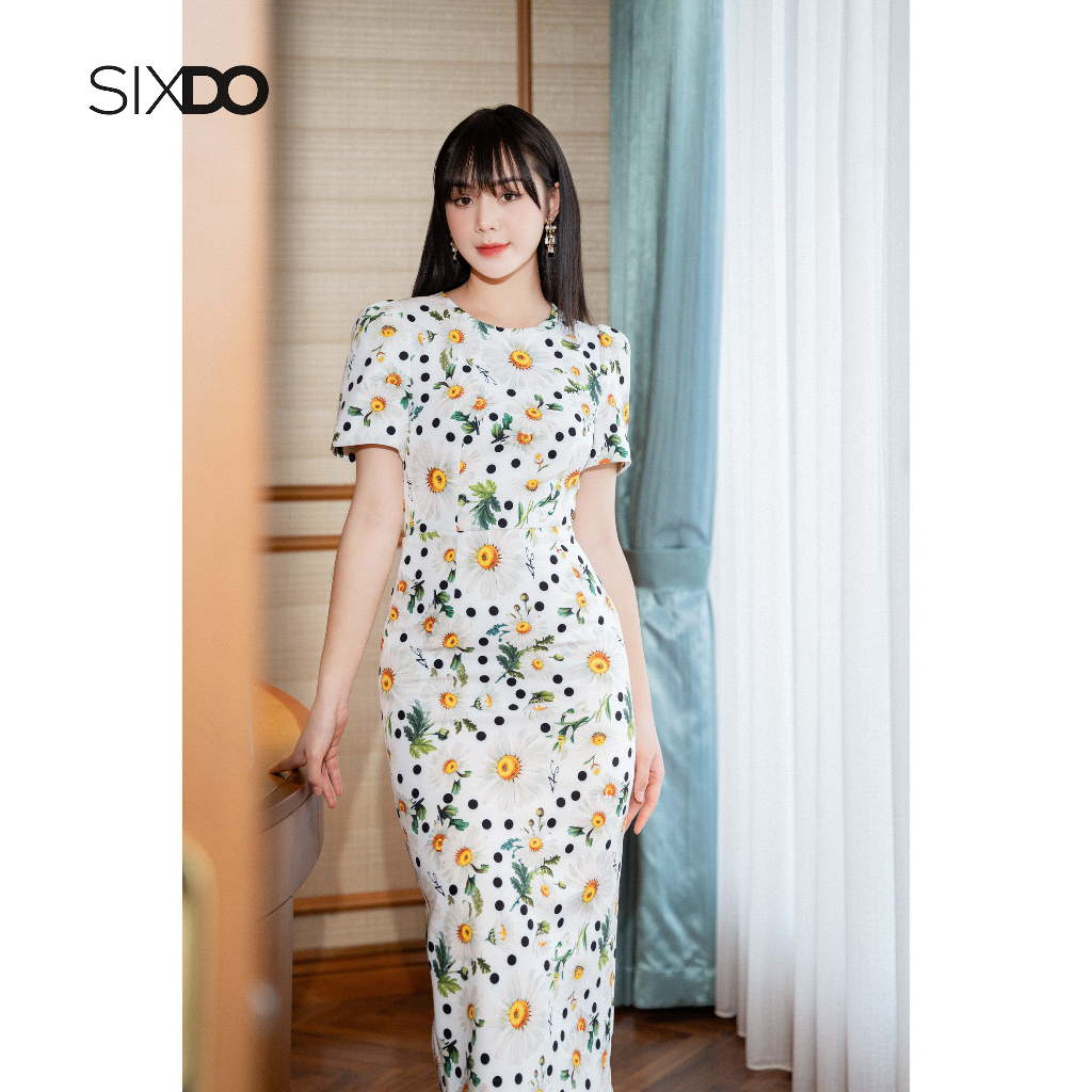 Đầm hoa cúc cổ tròn dáng ôm thanh lịch SIXDO White Daisy Sheath Midi Dress