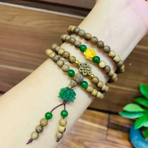 Vòng tay bằng trầm hương tóc lào, mix charm tổng hơp đá xanh hoa sen mix vàn:g 24k-An yên-Thanh lịch-May mắn