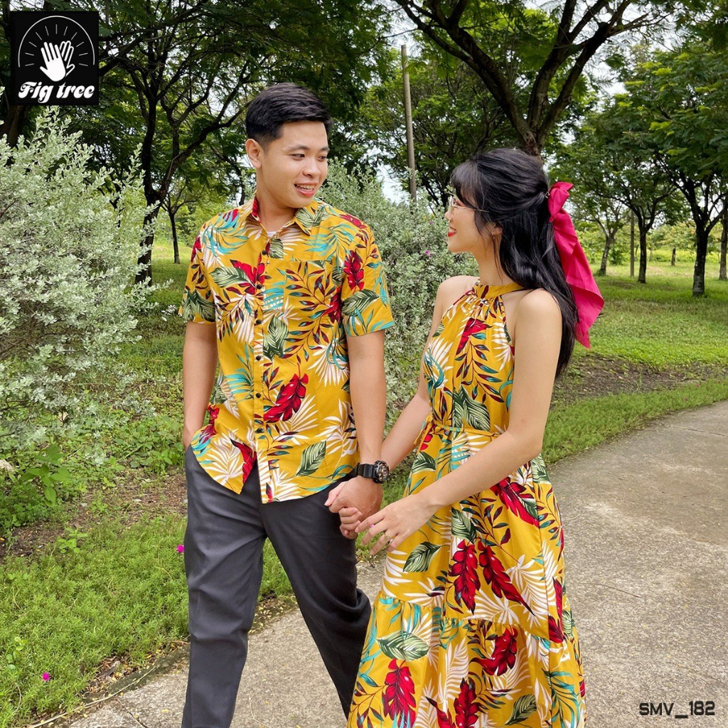 Set Sơ Mi Váy Đôi Fig Tree Họa tiết Lá Vàng Mẫu Mới Chào Hè, Hàng thiết kế có nhiều size (Mã 182)