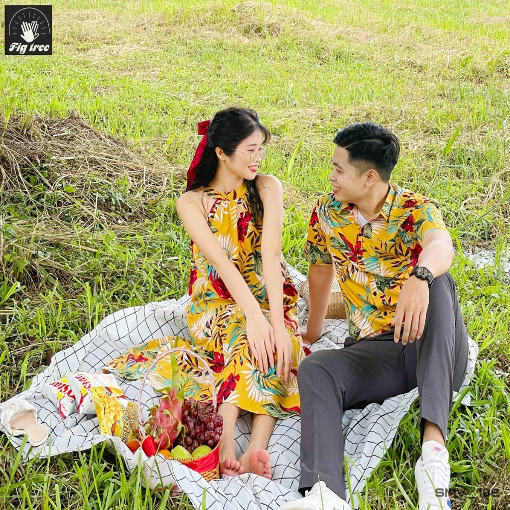 Set Sơ Mi Váy Đôi Fig Tree Họa tiết Lá Vàng Mẫu Mới Chào Hè, Hàng thiết kế có nhiều size (Mã 182)