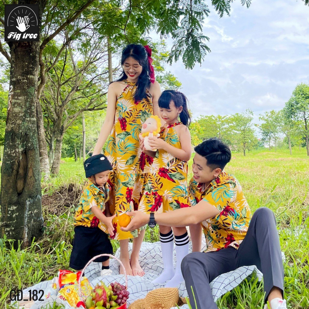 Áo Váy Gia Đình Fig Tree Họa Tiết Chiếc Lá Vàng Mùa Hè, chất dày dặn Hàng thiết kế nhiều size MS 182