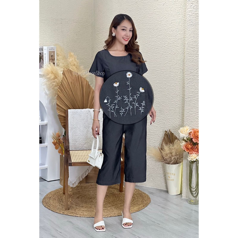 Đồ bộ nữ thêu chất Jean lụa mềm mỏng nhẹ thoáng mát sang trọng Bigsize