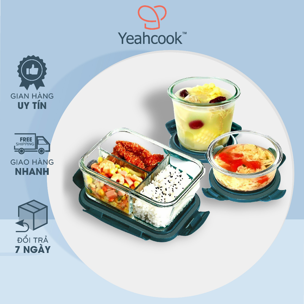 [Mã BMLTB35 giảm đến 35K đơn 99K] Hộp cơm thủy tinh chia ngăn cao cấp Yeahcook Glass Lunch Box 960ml