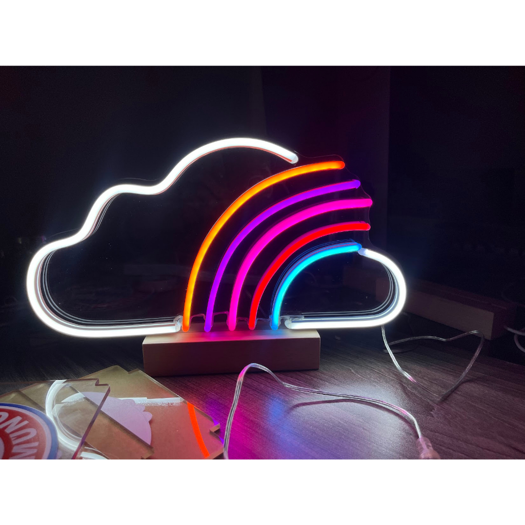Đèn trang trí Led Neon Để Bàn Đế Gỗ Sang Trọng [kèm quà tặng] , đèn decor, đèn trang trí phòng ngủ [28 cm]
