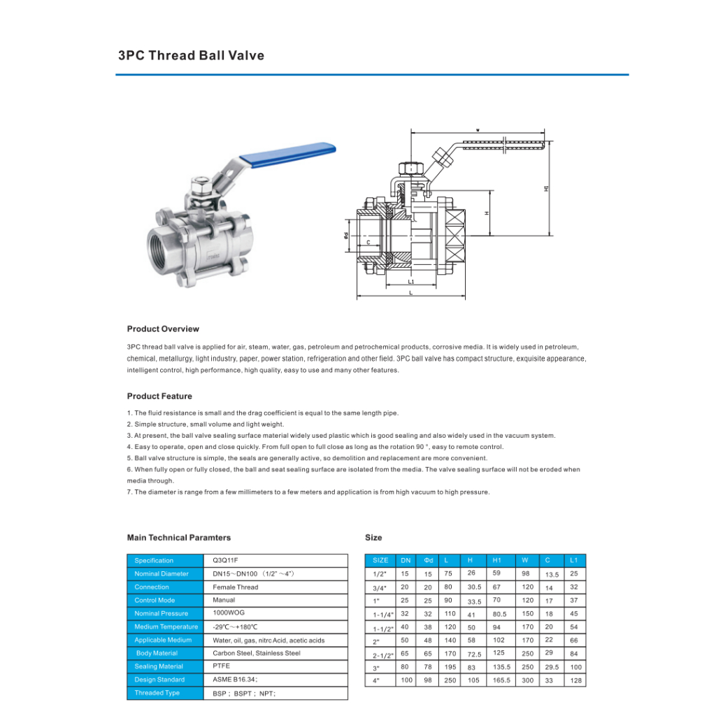 Van bi 3PC (van bi 3 thân) đủ size DN15-DN50