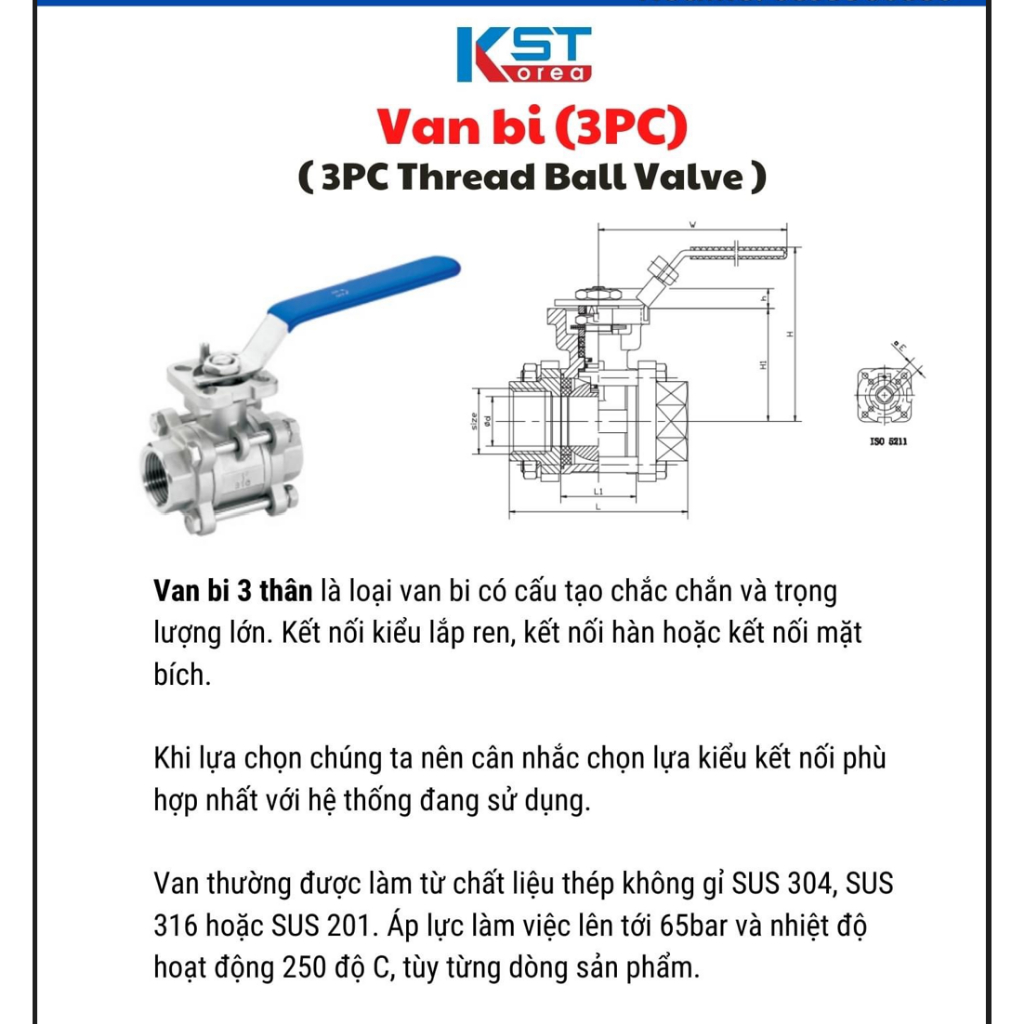 Van bi 3PC (van bi 3 thân) đủ size DN15-DN50