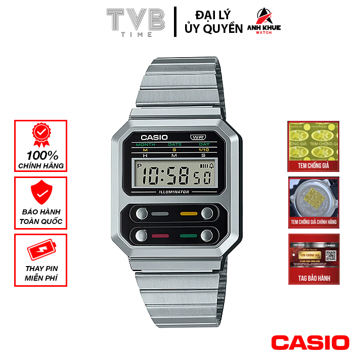 Đồng hồ unisex dây kim loại Casio chính hãng Anh Khuê A100WE-1ADF