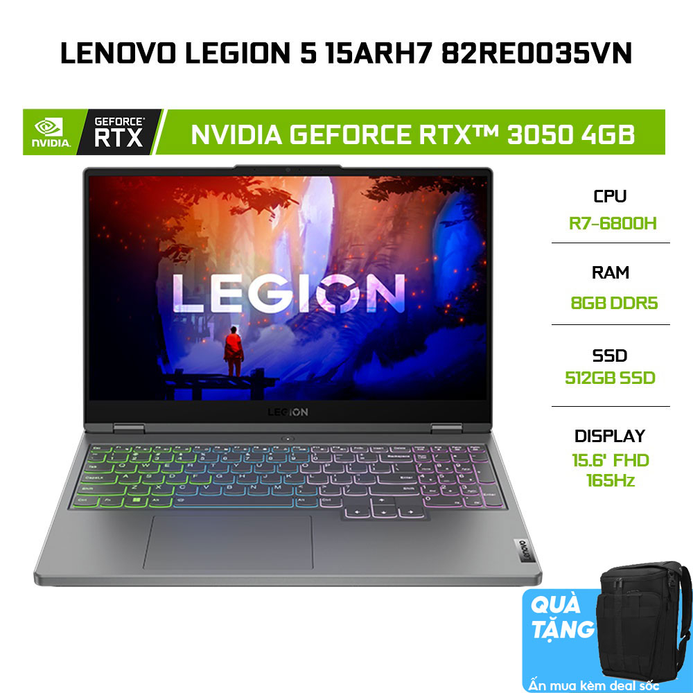 [Mã ELCL12 giảm 12% đơn 10TR] Laptop Lenovo Legion 5 15ARH7 82RE0035VN R7-6800H |8GB | 512GB |RTX™ 3050 4GB | 100% sRGB