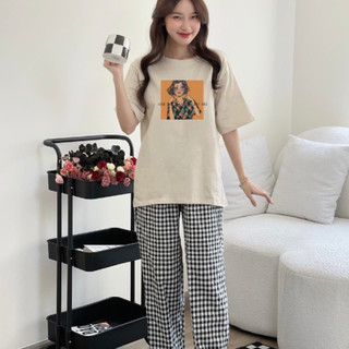 Sét bộ mặc nhà Nữ Áo thun cotton và Quần kẻ caro dáng baggy, Đồ bộ mặc nhà Nữ