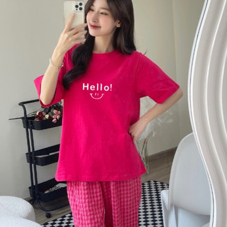 Sét bộ mặc nhà Nữ Áo thun cotton và Quần kẻ caro dáng baggy, Đồ bộ mặc nhà Nữ