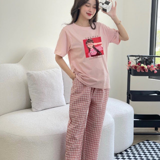 Sét bộ mặc nhà Nữ Áo thun cotton và Quần kẻ caro dáng baggy, Đồ bộ mặc nhà Nữ