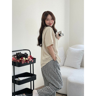 Sét bộ mặc nhà Nữ Áo thun cotton và Quần kẻ caro dáng baggy, Đồ bộ mặc nhà Nữ