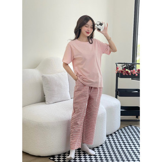 Sét bộ mặc nhà Nữ Áo thun cotton và Quần kẻ caro dáng baggy, Đồ bộ mặc nhà Nữ