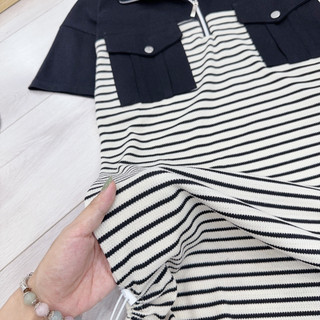Váy Kẻ Zip Thêu Số Phối Màu Đen Nhún 2 Bên Đầm Phông Ngắn Tay Dây Rút Dáng Dài Rộng Freesize