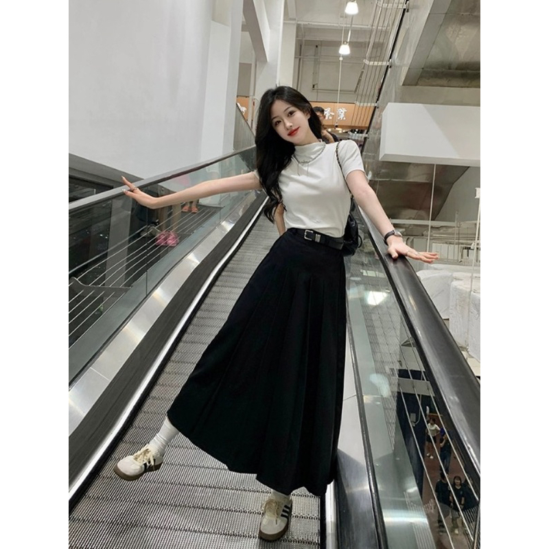 Chân Váy Dáng Dài Xếp Ly Hai Màu Đen Ghi HIGHT DRESS cv23 ( có bigsize) Có Sẵn- Giao Ngay