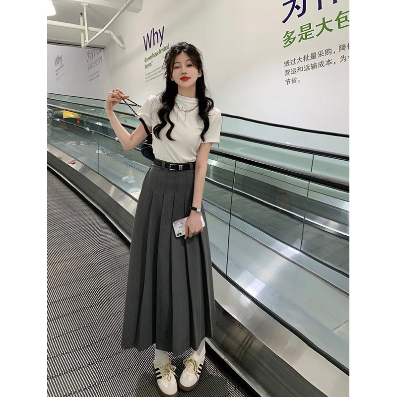 Chân Váy Dáng Dài Xếp Ly Hai Màu Đen Ghi HIGHT DRESS cv23 ( có bigsize) Có Sẵn- Giao Ngay
