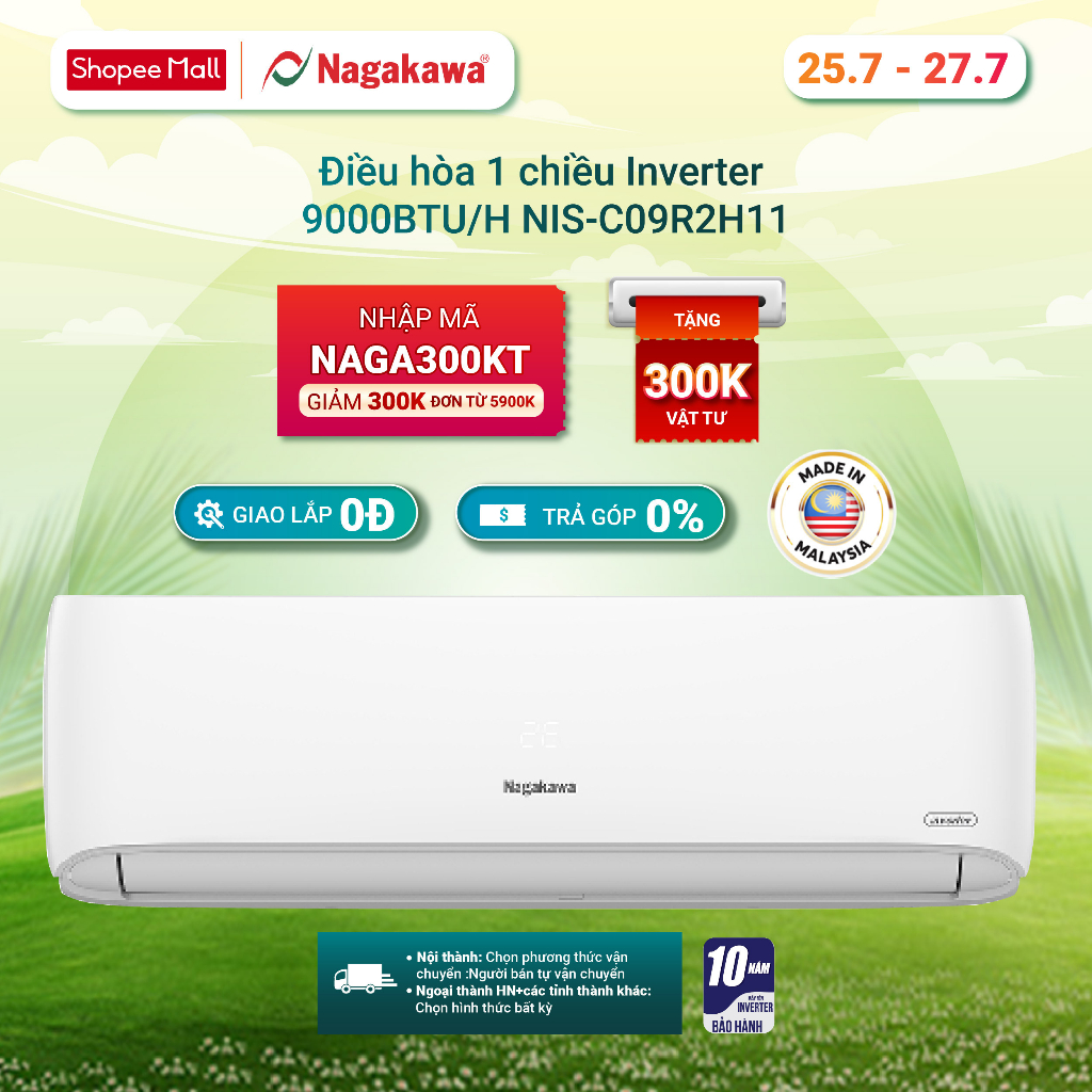 Điều hòa/Máy lạnh Inverter 9000BTU (1Hp) Nagakawa NIS-C09R2H11 - Miễn phí giao lắp, Bảo hành máy nén 10 năm