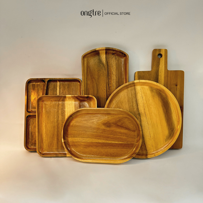 Khay Gỗ Keo ONGTRE - Khay Gỗ Tròn, Chữ Nhật, Bầu Dục Đựng Đồ, Decor Bàn Ăn, Phòng Khách, Nhiều Size