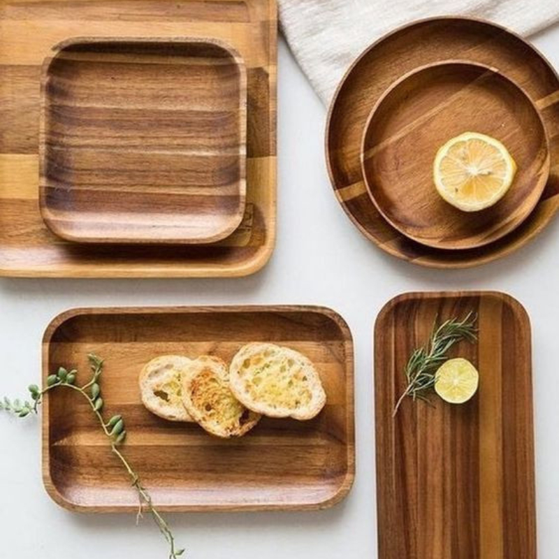 Khay Gỗ Keo ONGTRE - Khay Gỗ Tròn, Chữ Nhật, Bầu Dục Đựng Đồ, Decor Bàn Ăn, Phòng Khách, Nhiều Size