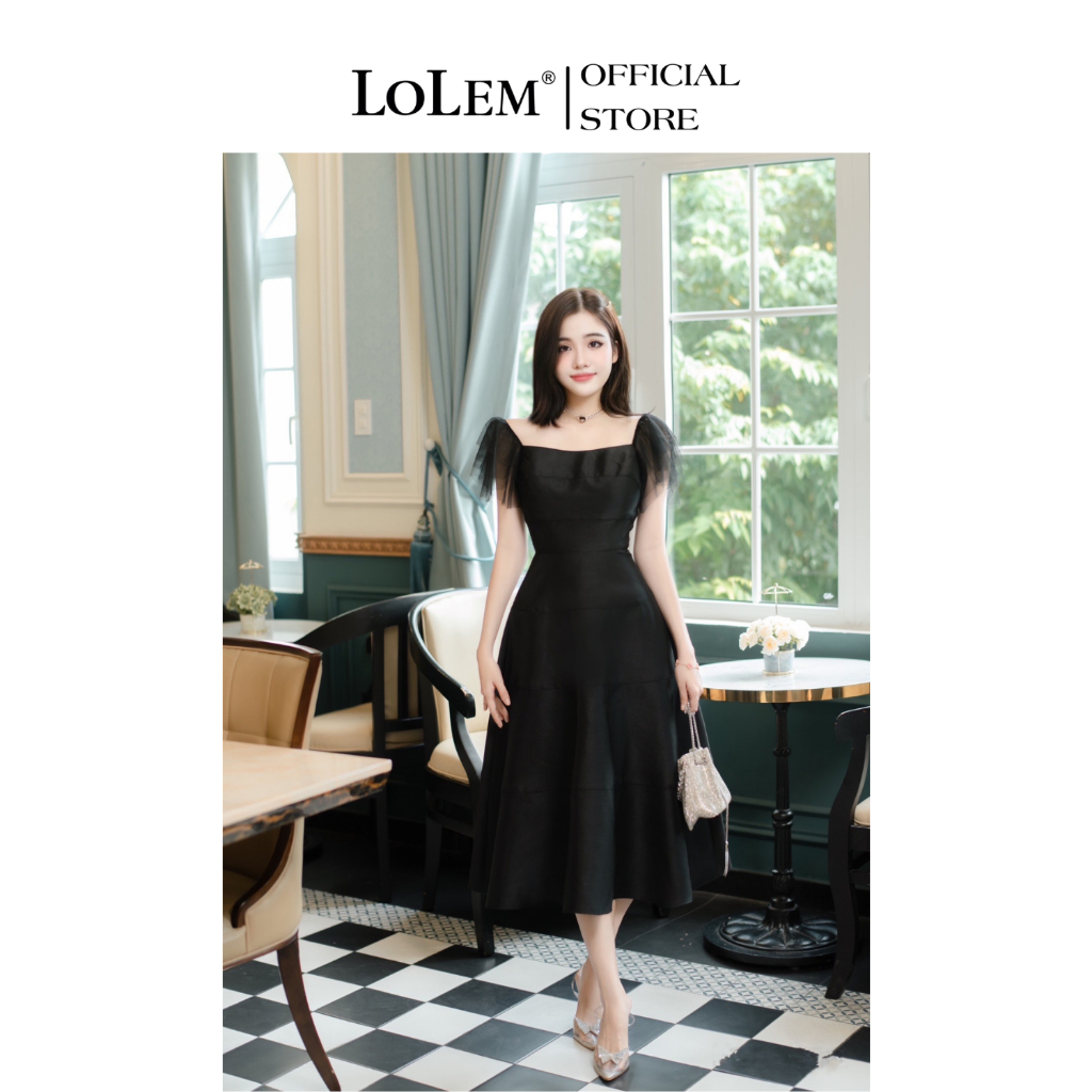 Đầm xòe dự tiệc LOLEM DX439 cổ vuông thắt eo che bụng chất tafta lụa cao cấp