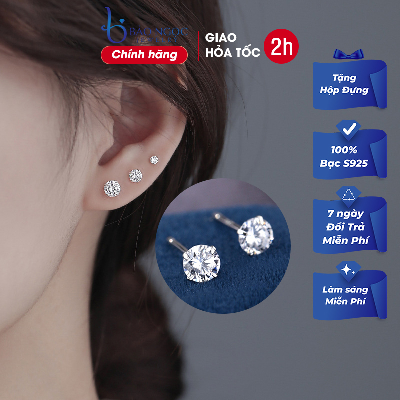 Bông tai bạc nữ nụ đá nhiều size lấp lánh nhỏ xinh đính đá zircon đơn giản cá tính XB-B48 - Bảo Ngọc Jewelry