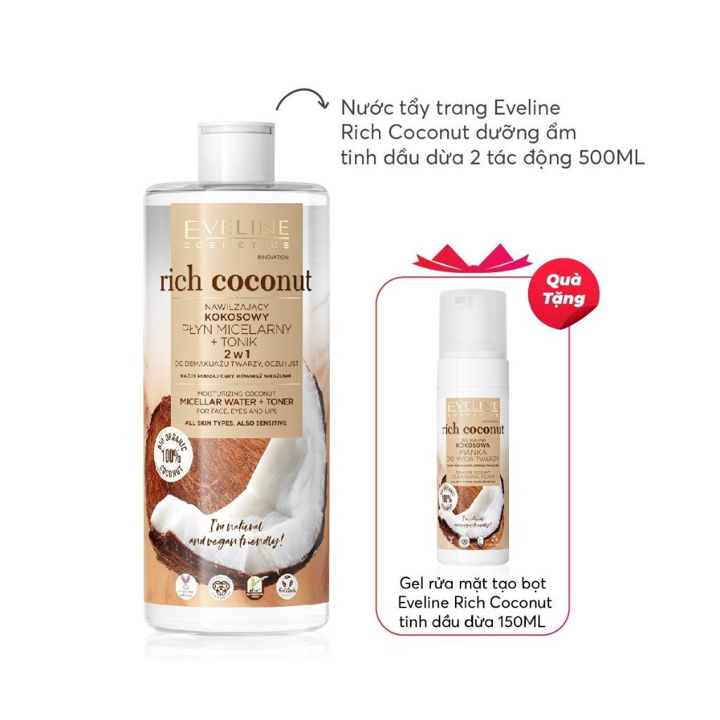 [Tặng sữa rửa mặt trong deal sốc] Nước tẩy trang Eveline Rich Coconut dưỡng ẩm tinh dầu dừa 2 tác động 500ML