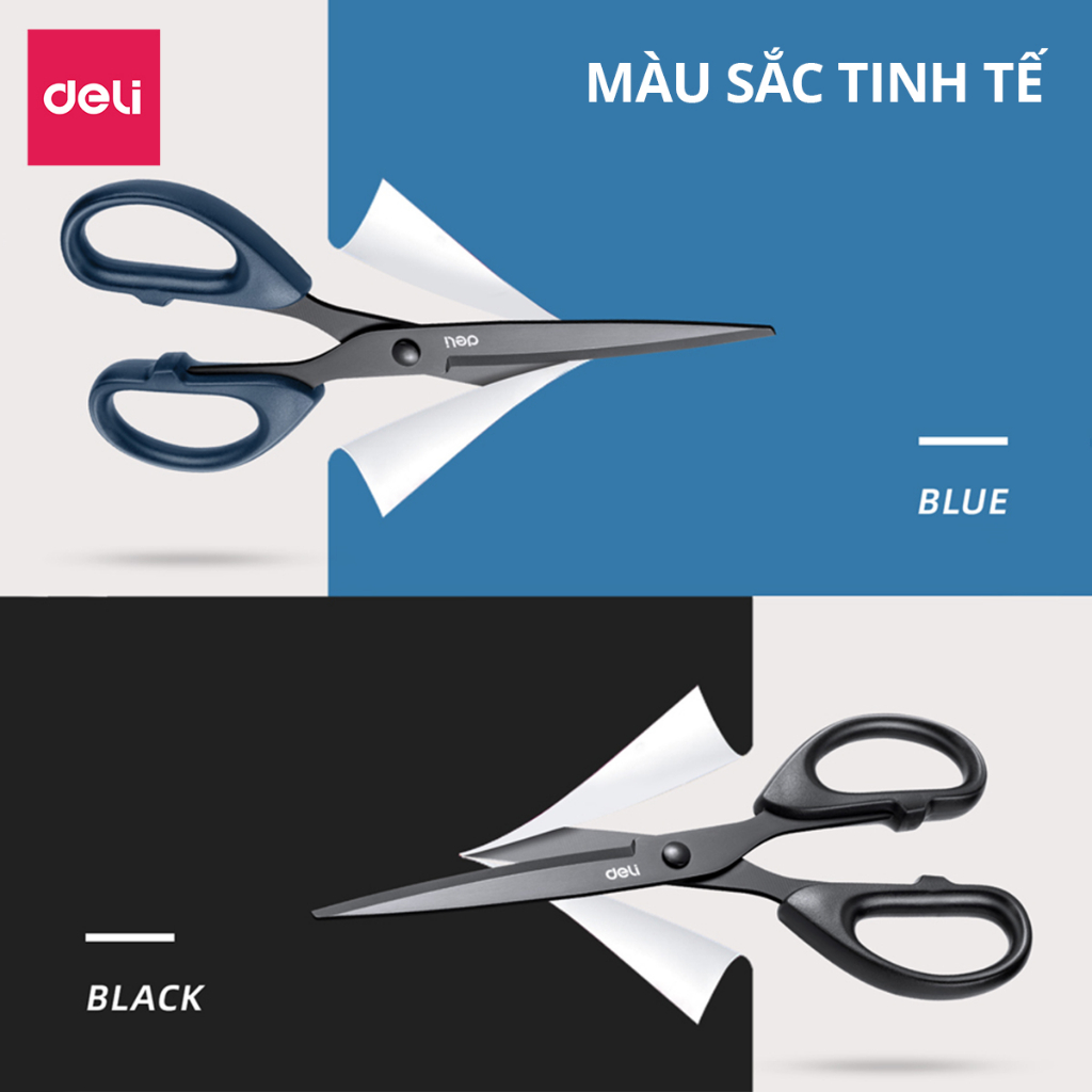 Kéo văn phòng, kéo thủ công 210mm Deli, lưỡi kéo sắc bén, chống gỉ -  Đen/Đỏ/Xanh - 1 chiếc