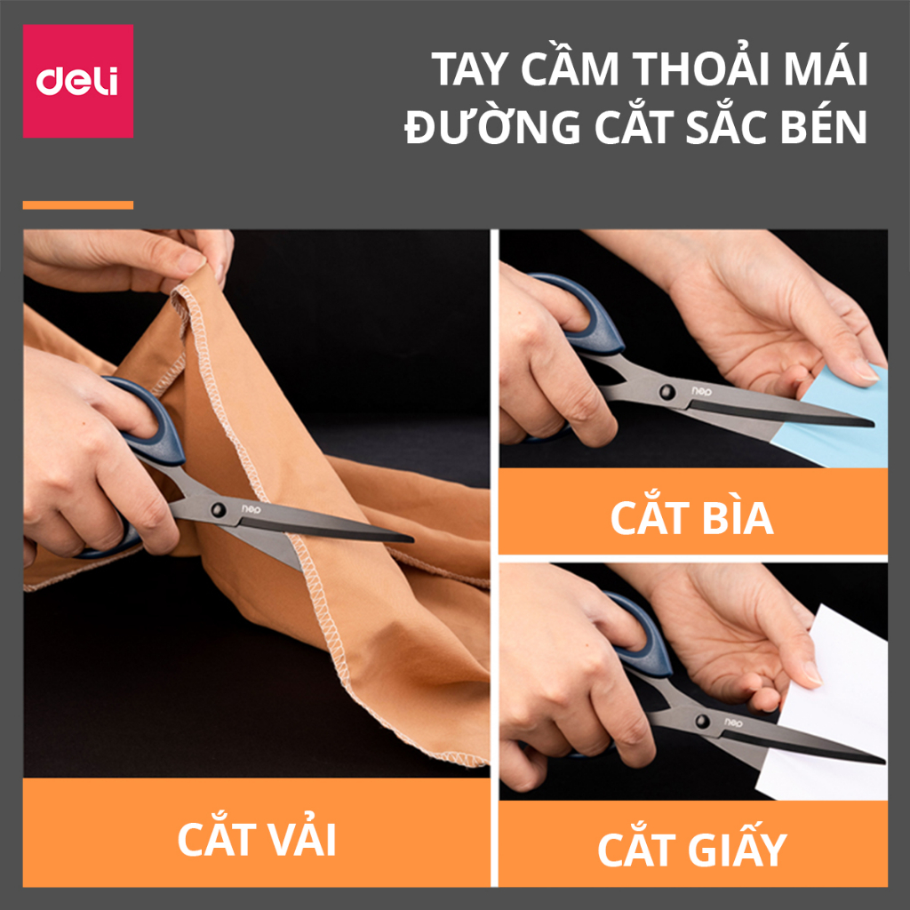 Kéo văn phòng, kéo thủ công 210mm Deli, lưỡi kéo sắc bén, chống gỉ -  Đen/Đỏ/Xanh - 1 chiếc
