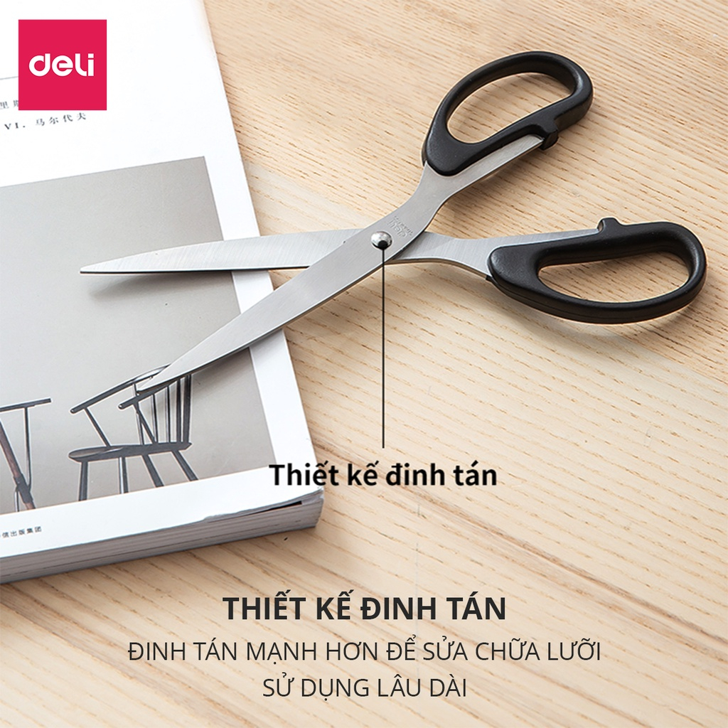 Kéo văn phòng, kéo thủ công 210mm Deli, lưỡi kéo sắc bén, chống gỉ -  Đen/Đỏ/Xanh - 1 chiếc