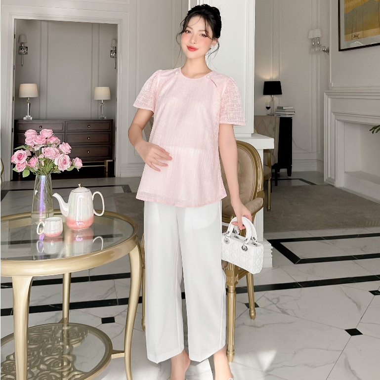 MEDYLA – Áo sơ mi bầu tơ lót lụa đính đá mặc kèm quần bầu công sở dáng suông chéo thái cho bầu đi làm đi chơi – ATN1370 spe