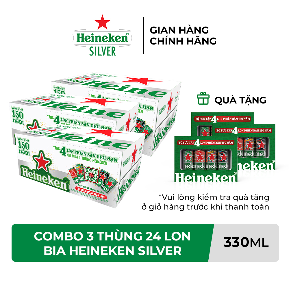 HỎA TỐC HCM - Combo 3 Thùng 24 lon bia Heineken Silver 330ml/lon -  Tặng lốc 4 lon phiên bản đặc biệt