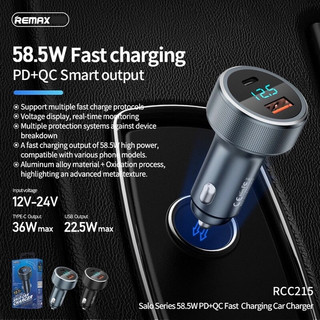 Tẩu sạc nhanh trên xe hơi ô tô Remax RCC215 có LCD báo dòng sạc - hỗ trợ PD 36W QC 22.5W