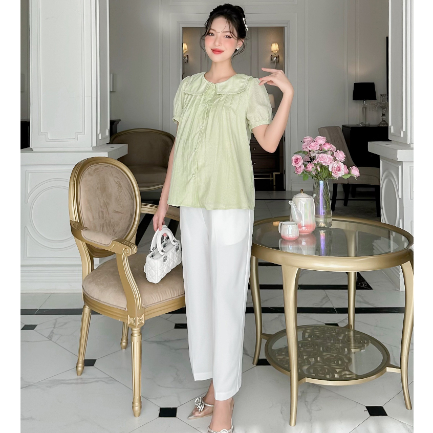 MEDYLA – Áo sơ mi bầu tơ xanh cốm lót lụa mặc kèm quần bầu dáng suông cho bầu mặc đi làm đi chơi – ATN1432 spe
