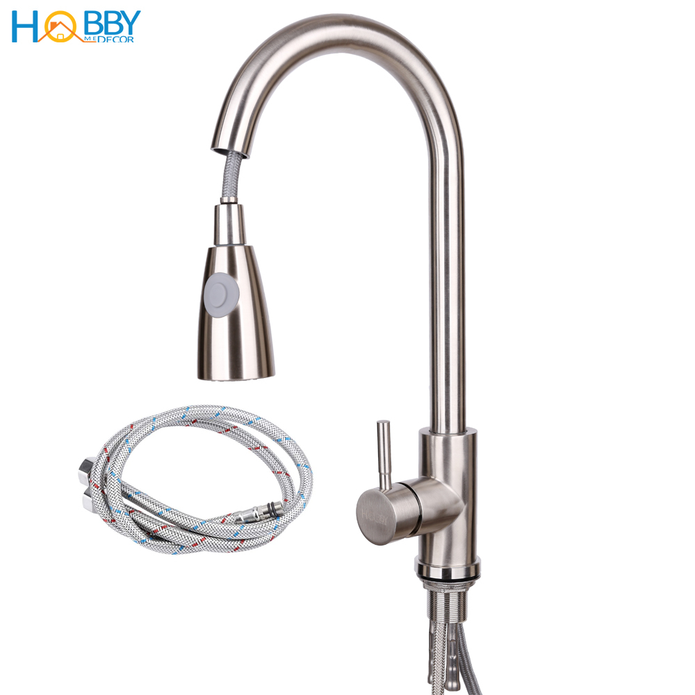 Vòi nước rửa chén dây rút nóng lạnh gắn chậu rửa HOBBY Home Decor VDR1 inox 304 có 2 chế độ phun tăng áp kèm dây cấp