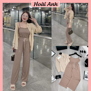 Set Bộ Đồ Nữ 3 Món Áo 2 DâyTăm Nâu Kèm Áo Sơ Mi Dài Tay Mix Quần Suông Ống Rộng Freesize