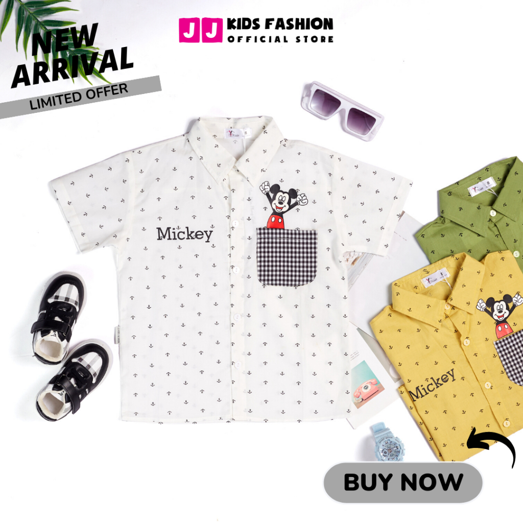 Áo sơ mi cho bé trai ngắn tay in Mickey phong cách thời trang Hàn Quốc - JJ Kids