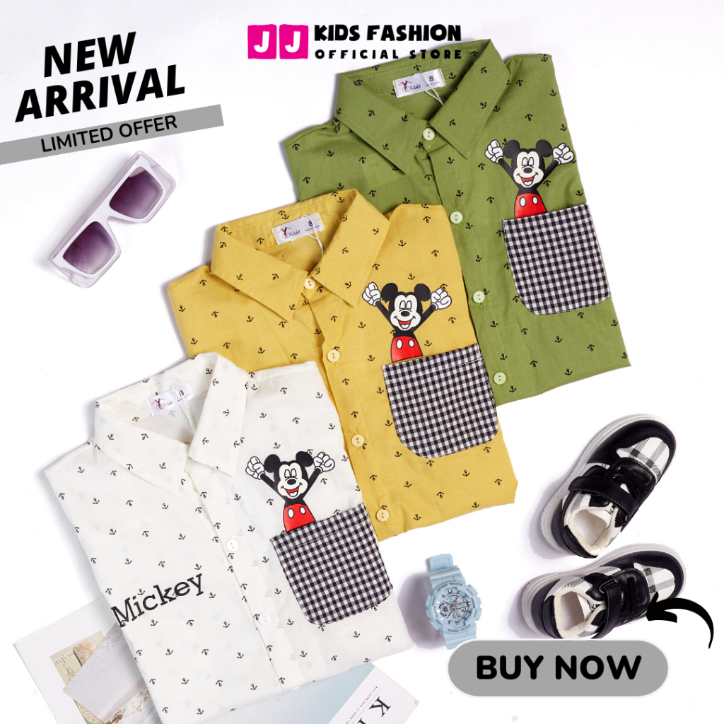 Áo sơ mi cho bé trai ngắn tay in Mickey phong cách thời trang Hàn Quốc - JJ Kids