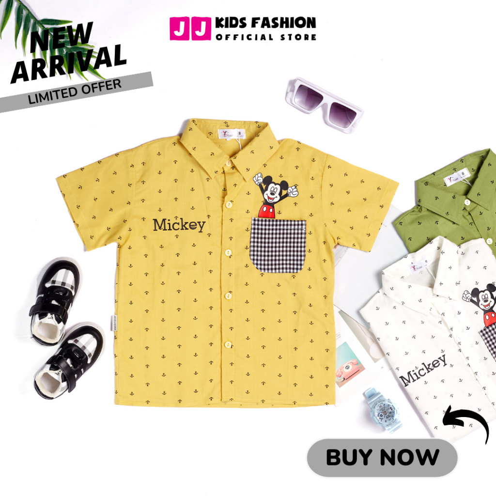 Áo sơ mi cho bé trai ngắn tay in Mickey phong cách thời trang Hàn Quốc - JJ Kids