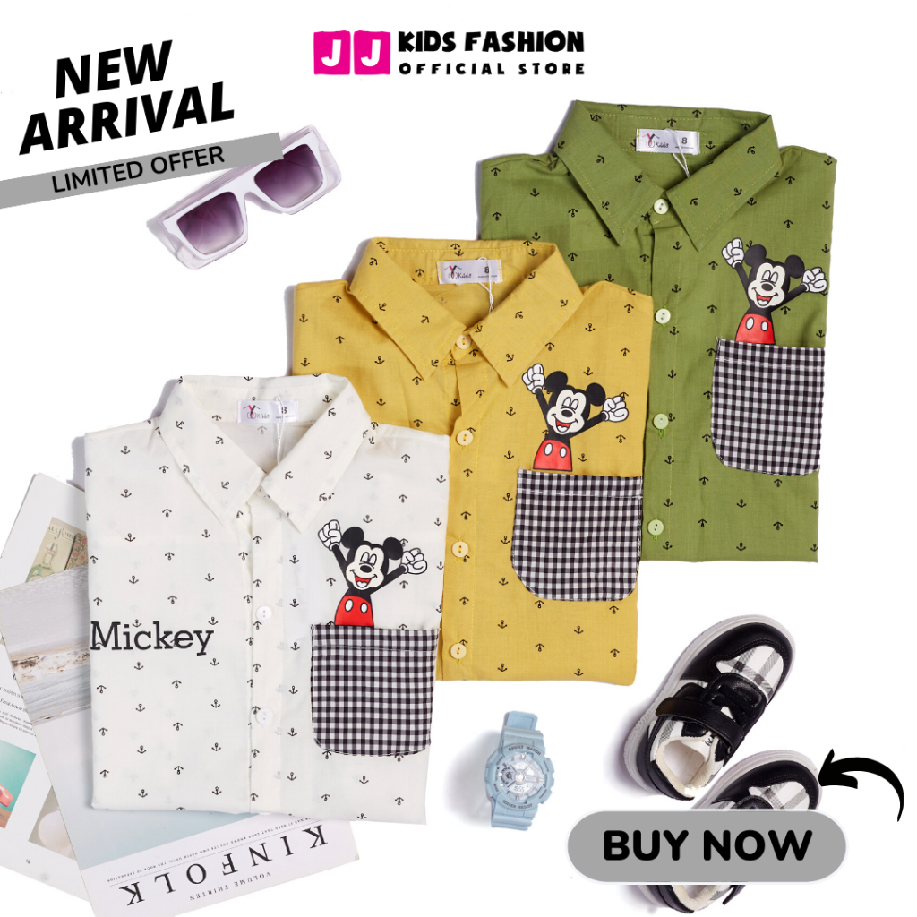 Áo sơ mi cho bé trai ngắn tay in Mickey phong cách thời trang Hàn Quốc - JJ Kids