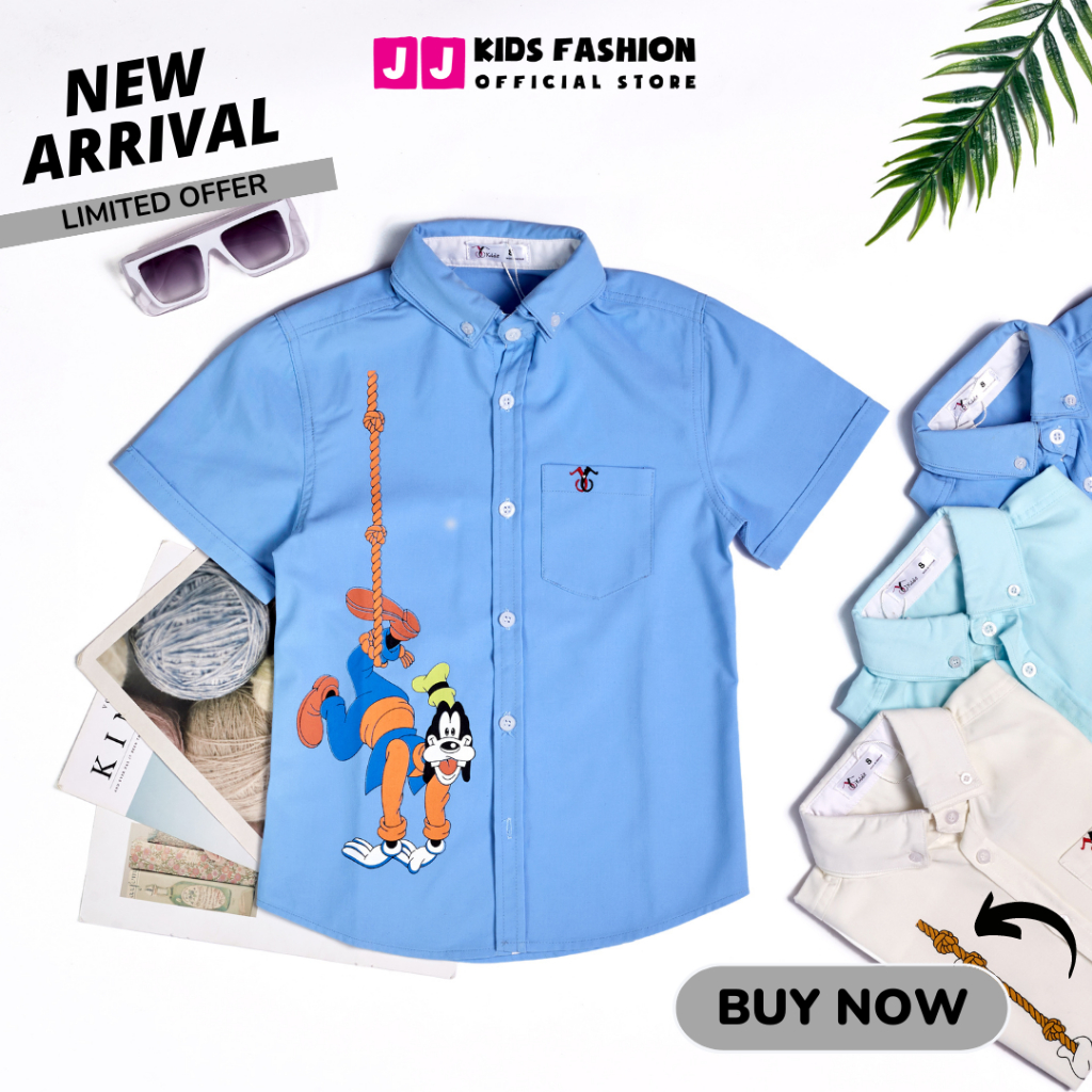Áo sơ mi cho bé trai, áo sơ mi bé trai cách điệu 2 lá cổ ngắn tay in hình hoạt hình - JJ Kids