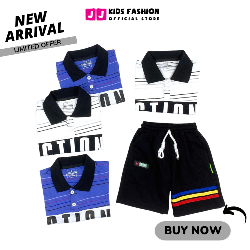 Bộ Polo bé trai JJ Kids, set áo thun polo cotton sọc in hình cá tính cho trẻ em 2 đến 12 tuổi