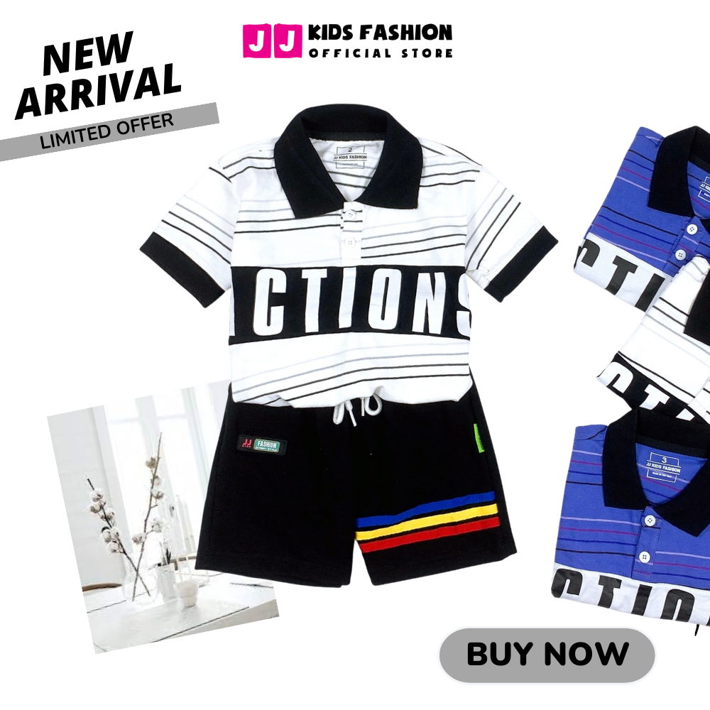 Bộ Polo bé trai JJ Kids, set áo thun polo cotton sọc in hình cá tính cho trẻ em 2 đến 12 tuổi