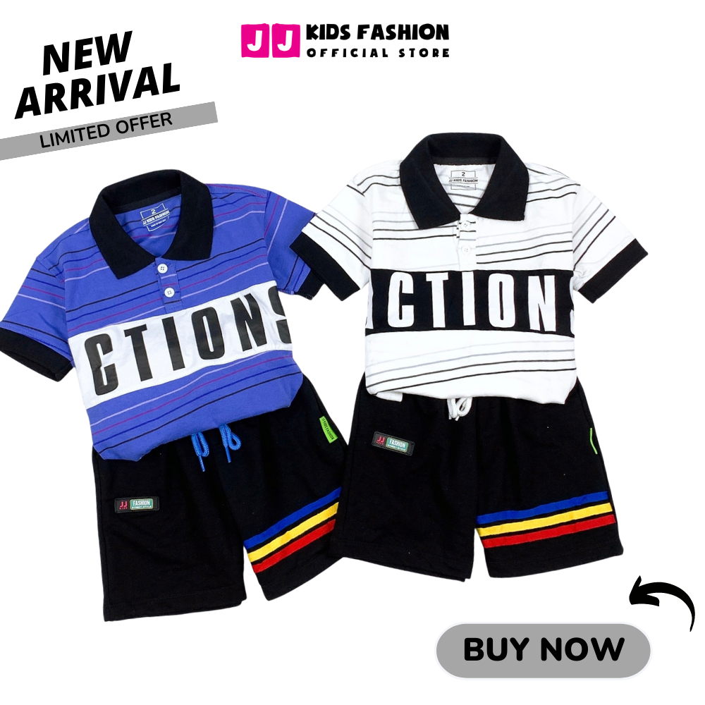 Bộ Polo bé trai JJ Kids, set áo thun polo cotton sọc in hình cá tính cho trẻ em 2 đến 12 tuổi