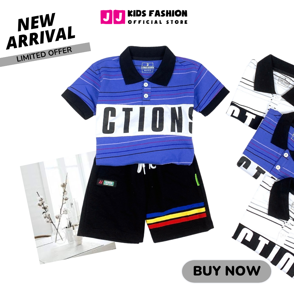 Bộ Polo bé trai JJ Kids, set áo thun polo cotton sọc in hình cá tính cho trẻ em 2 đến 12 tuổi