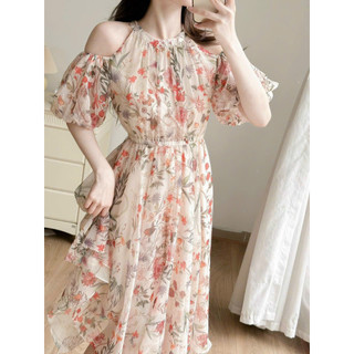 Đầm thời trang nữ mặc đi chơi chất voan hoa chifon hai lớp cổ yếm hở vai tay búp chiết eo váy maix xoè phong cách