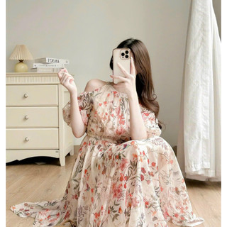 Đầm thời trang nữ mặc đi chơi chất voan hoa chifon hai lớp cổ yếm hở vai tay búp chiết eo váy maix xoè phong cách
