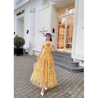 Đầm đi biển voan hoa chifon hai lớp cao cấp cổ yếm đính hoa ngực hở vai hở lưng ôm eo váy maxi xoè phối tầng xinh xắn